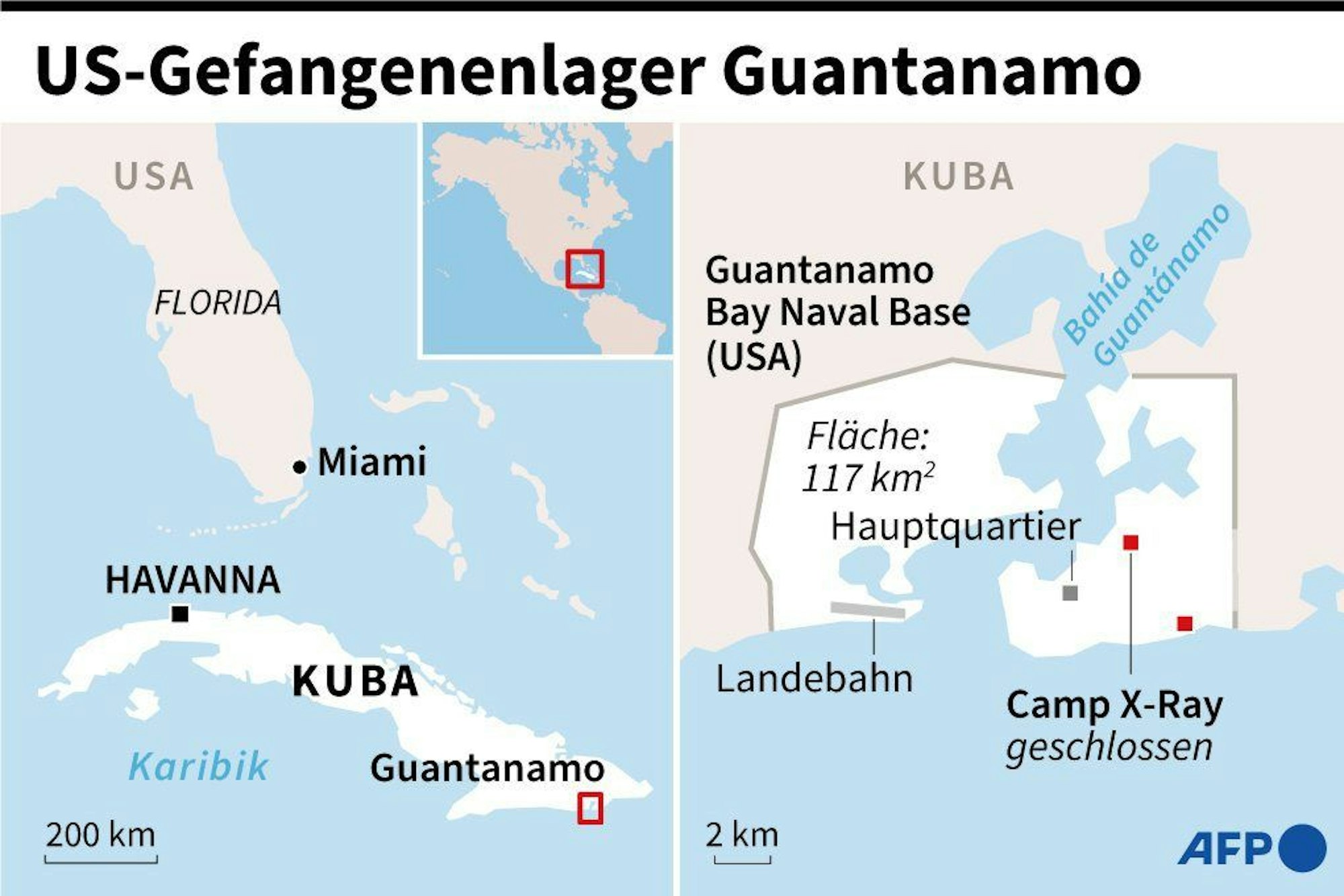 Karte mit Lokalisierung des käfigartigen Gefängnisses Camp X-Ray und Nachfolger Camp Delta.