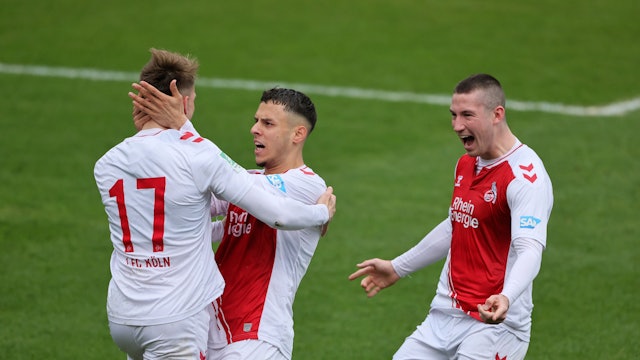 1.FC Köln U21 vs. SC Wiedenbrück, Regionalliga West, Saison 2022/23,Jubel nach dem Tor zum 1:0 durch Georg Strauch (1. FC Köln), Mitte: Teoman Akmestanli (1. FC Köln), rechts: Hendrik Mittelstädt (1. FC Köln), 01.04.2023, Bild: Herbert Bucco