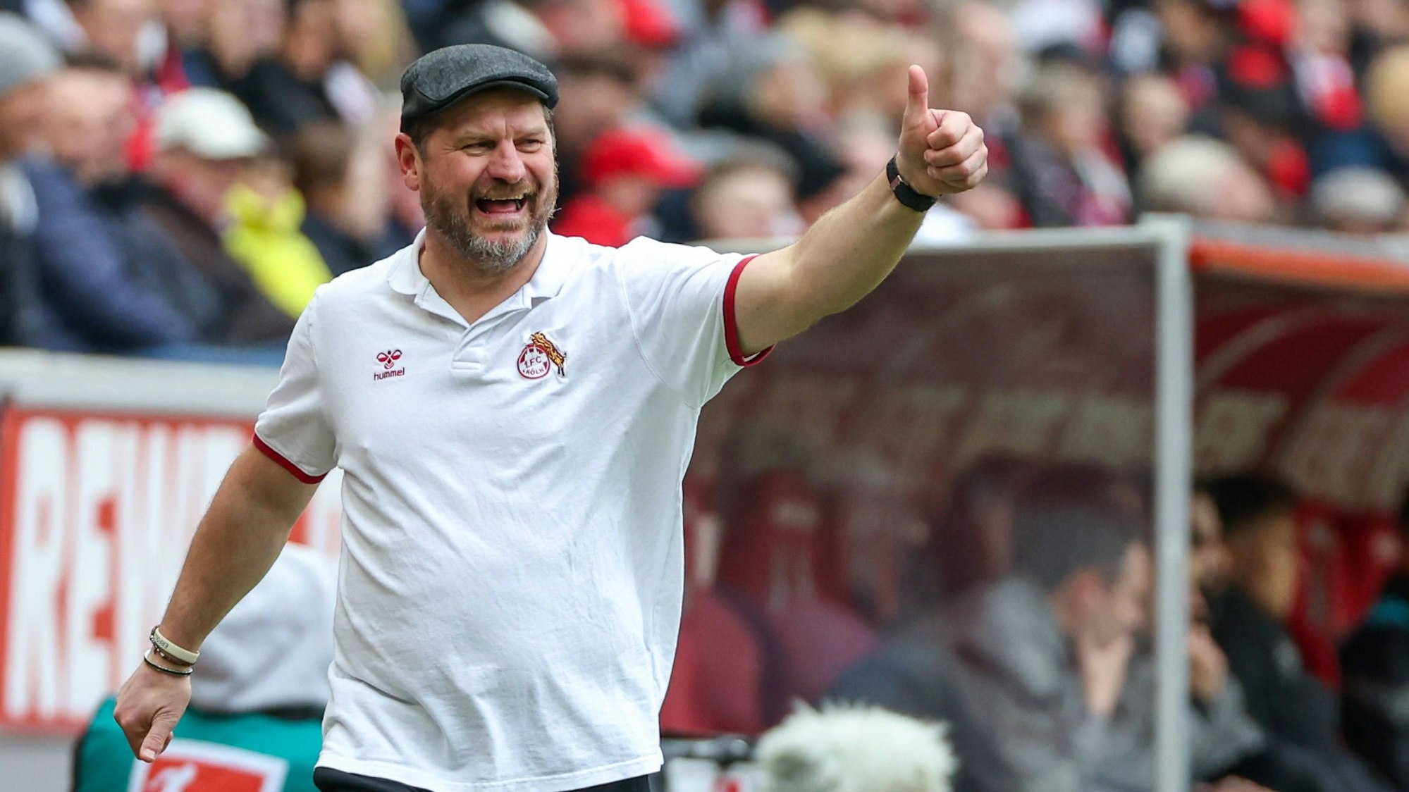 FC-Trainer Steffen Baumgart mit erhobenem Daumen beim Derby in Köln.