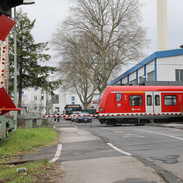 Eine S-Bahn fährt über einen Bahnübergang.