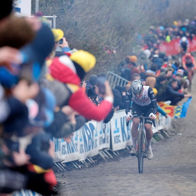 Attacke im Oude Kwaremont, einem der vielen giftigen Anstiege mit Kopfsteinpflaster-Untergrund von Tadej Pogacar.