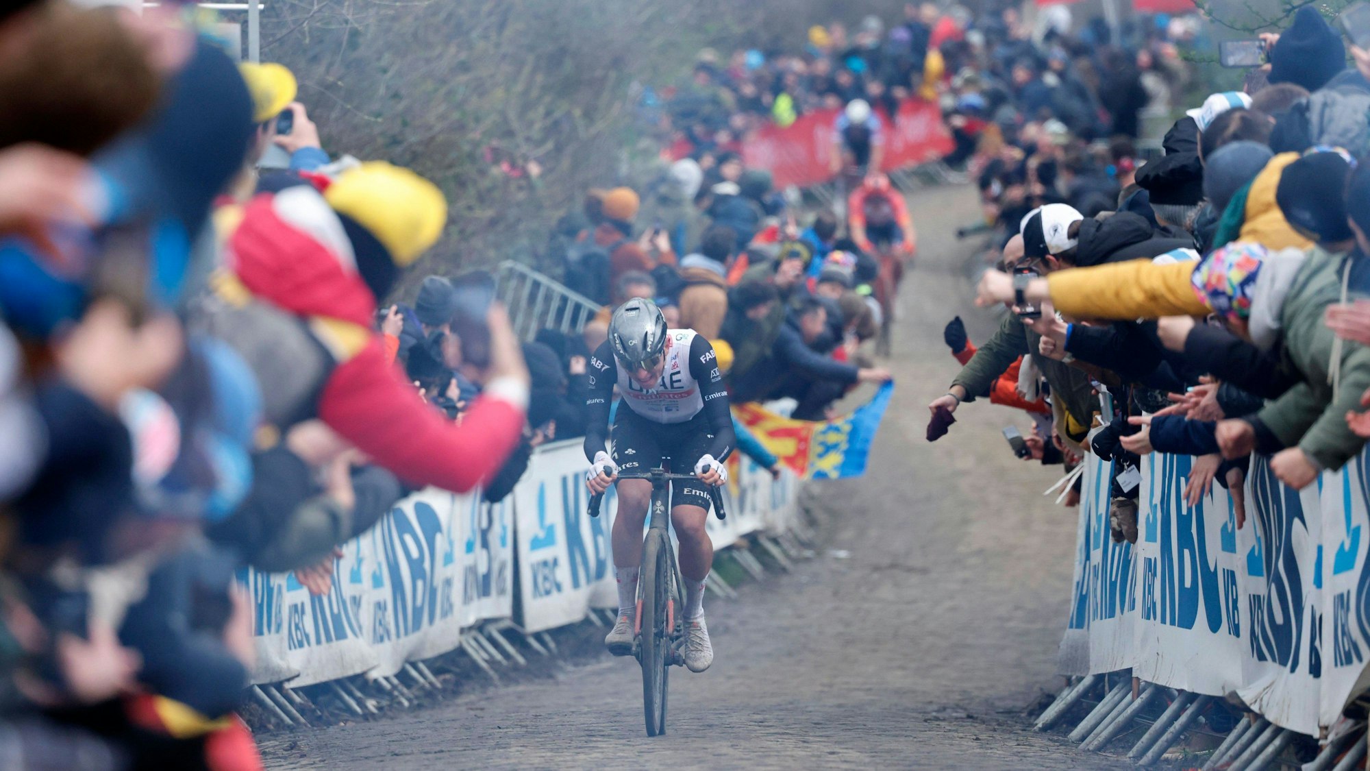Attacke im Oude Kwaremont, einem der vielen giftigen Anstiege mit Kopfsteinpflaster-Untergrund von Tadej Pogacar.