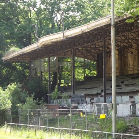 Die historische VfL-Tribüne auf dem Rennbahngelände ist vollgesprayt und zugewachsen.