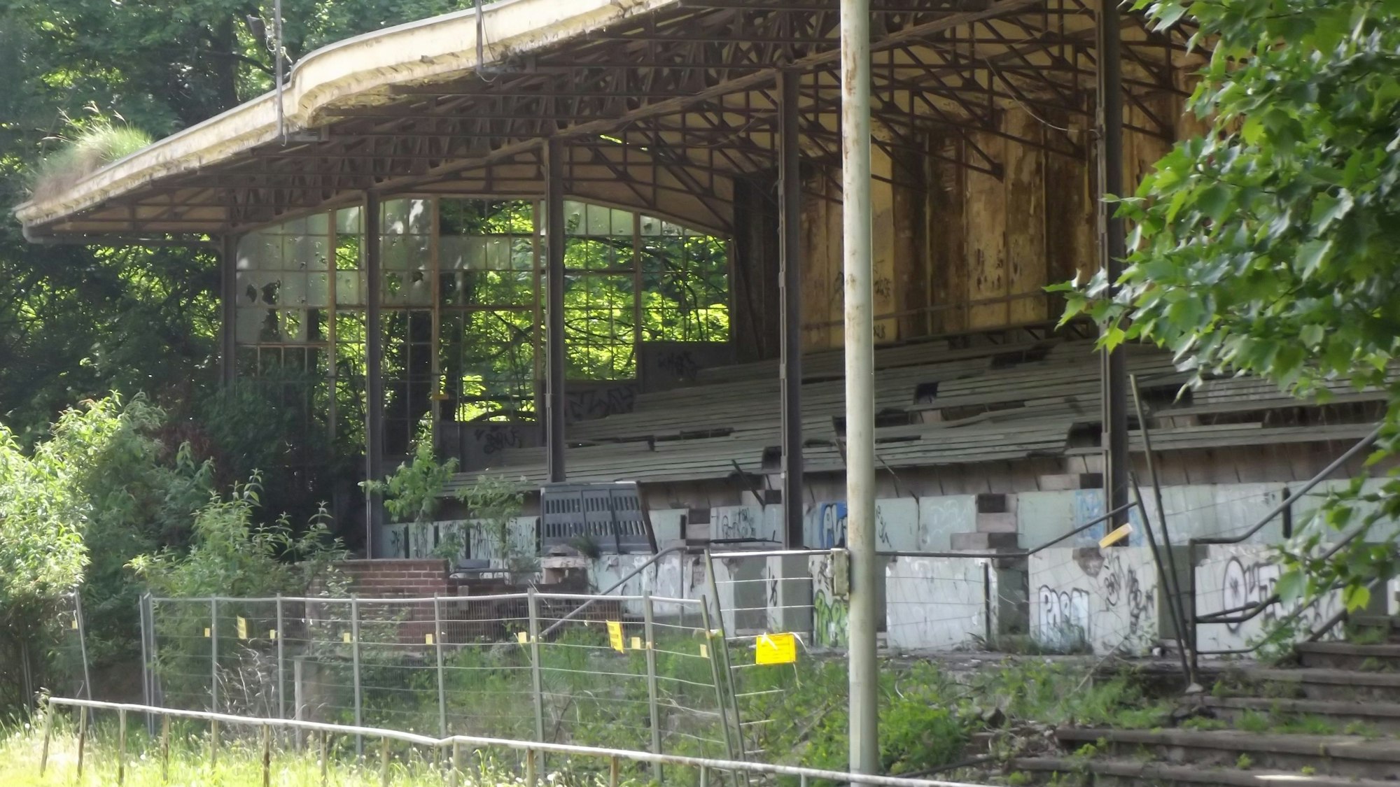 Die historische VfL-Tribüne auf dem Rennbahngelände ist vollgesprayt und zugewachsen.