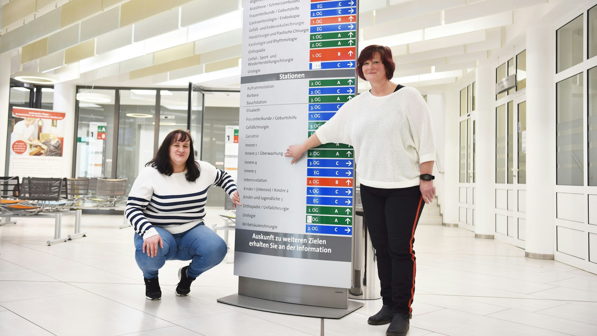 Zwei Frauen zeigen auf einen Wegweiser, der zu den Stationen in einem Krankenhaus führt.