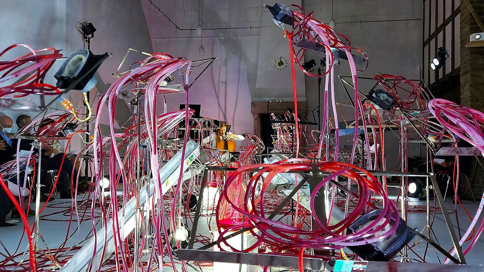 Knäuel aus, mit roter Flüssigkeit gefüllten, Schläuchen umgeben die Cellistin Valerie Fritz bei der Konzert-Kunstinstallation „Nuqta – The beginning“ im Galeriesaal des Hauses für Lehrerfortbildung, dem Herzstück des dreitägigen Festivals in Kronenburg.