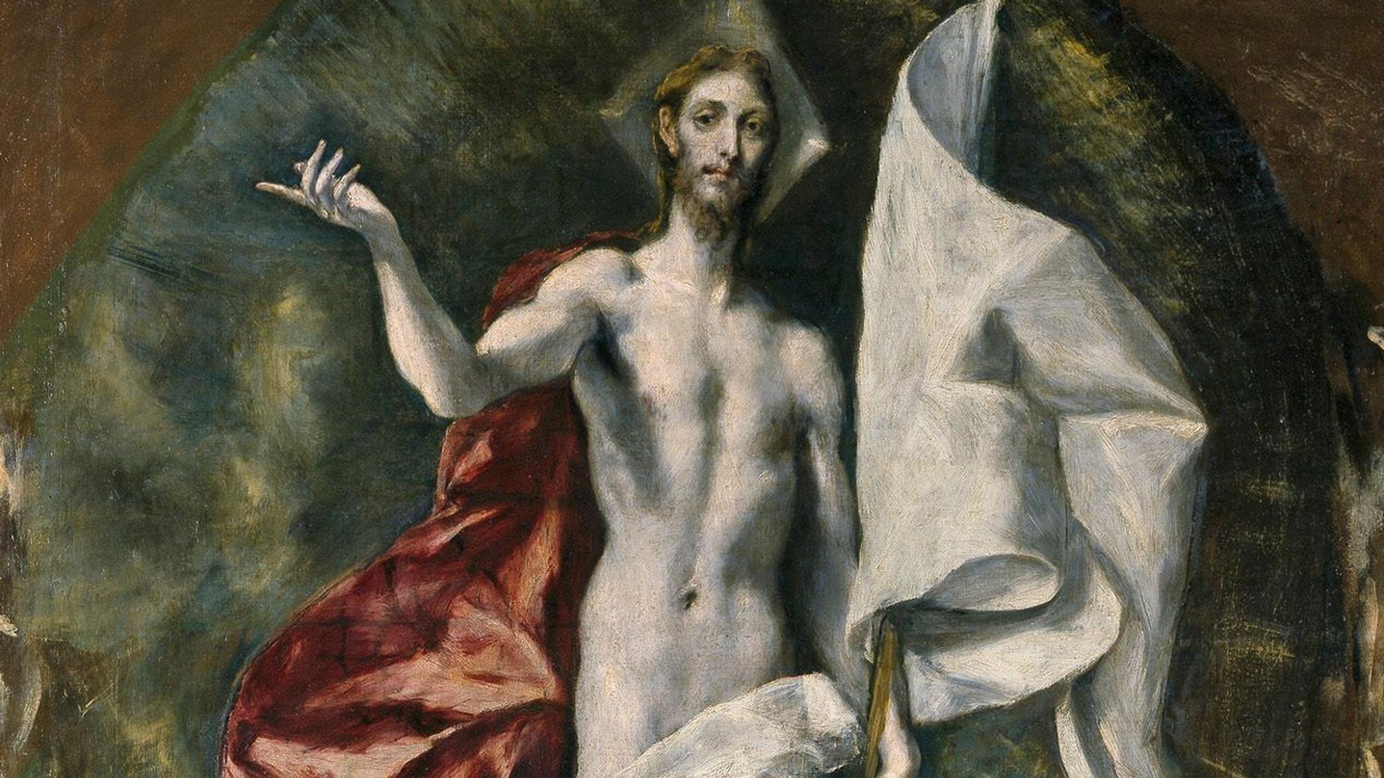 Das Gemälde zeigt den Auferstandenen Jesus. Er trägt eine weiße Fahne und ist unbekleidet, bis auf einen roten Mantel auf seinem Rücken.