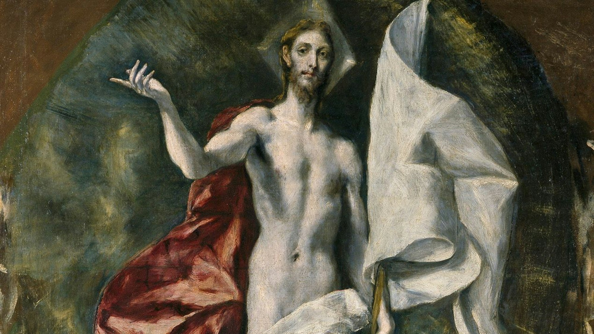 Das Gemälde zeigt den Auferstandenen Jesus. Er trägt eine weiße Fahne und ist unbekleidet, bis auf einen roten Mantel auf seinem Rücken.
