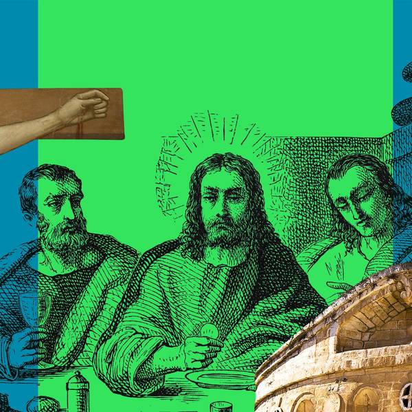 Ein Bild von Jesus am Kreuz, im Hintergrund die Umrisse eines Esels und der Jünger beim letzten Abendmahl