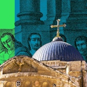 Ein Bild von Jesus am Kreuz, im Hintergrund die Umrisse eines Esels und der Jünger beim letzten Abendmahl