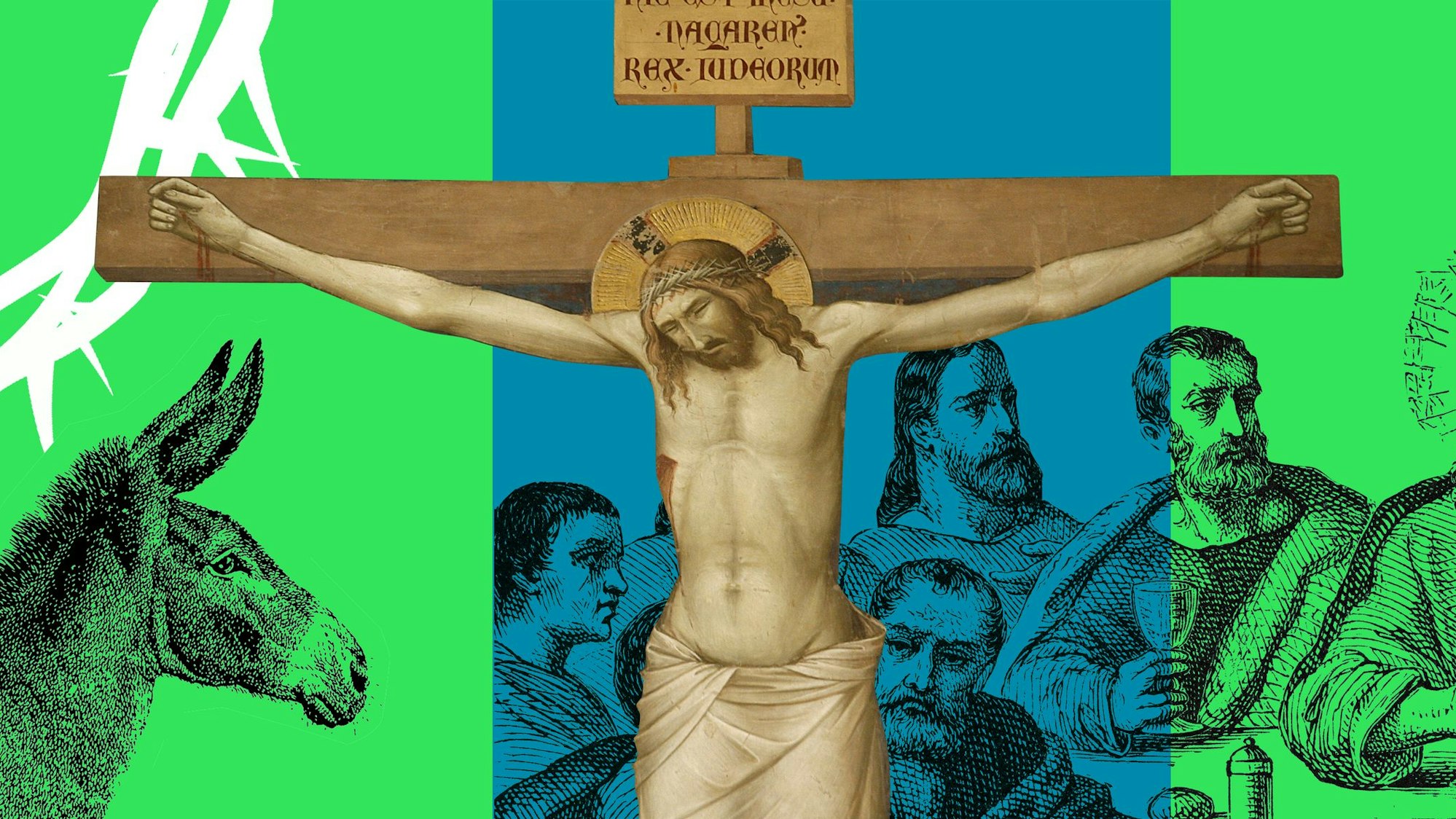 Ein Bild von Jesus am Kreuz, im Hintergrund die Umrisse eines Esels und der Jünger beim letzten Abendmahl