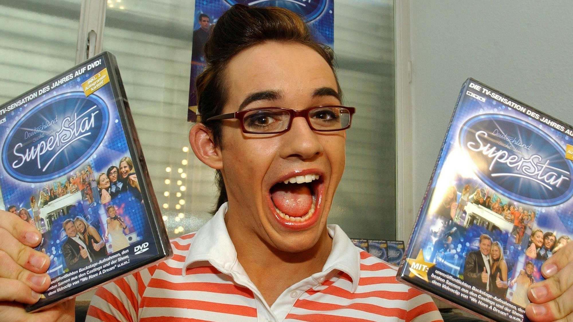 Der Sänger Daniel Küblböck präsentiert DVDs zu „DSDS“.