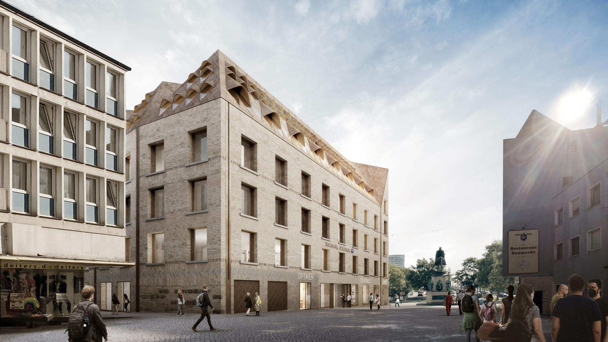 Die Visualisierung zeigt ein neues Bürohaus am Heumarkt.