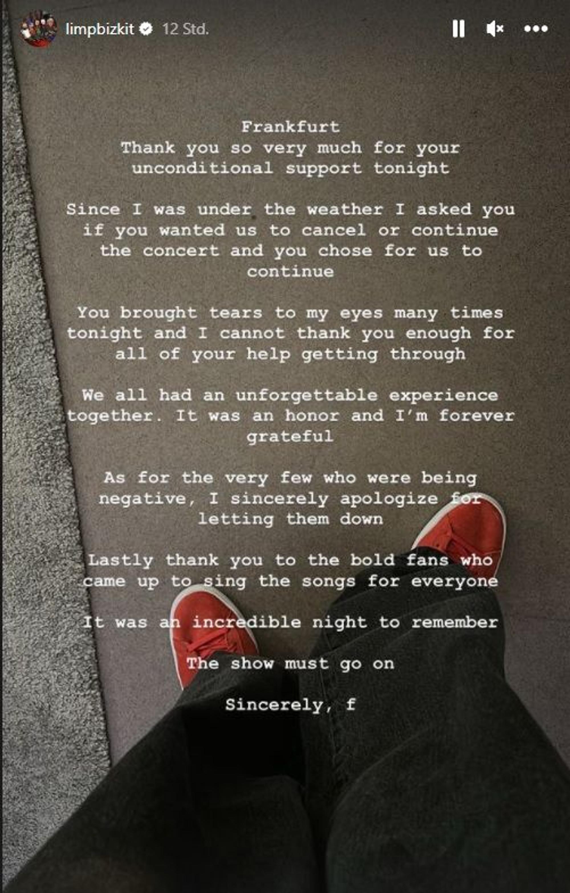 Instagram-Story auf dem offiziellen Kanal von Limp Bizkit, Fred Durst bedankt sich nach dem ungewöhnlichen Konzert.