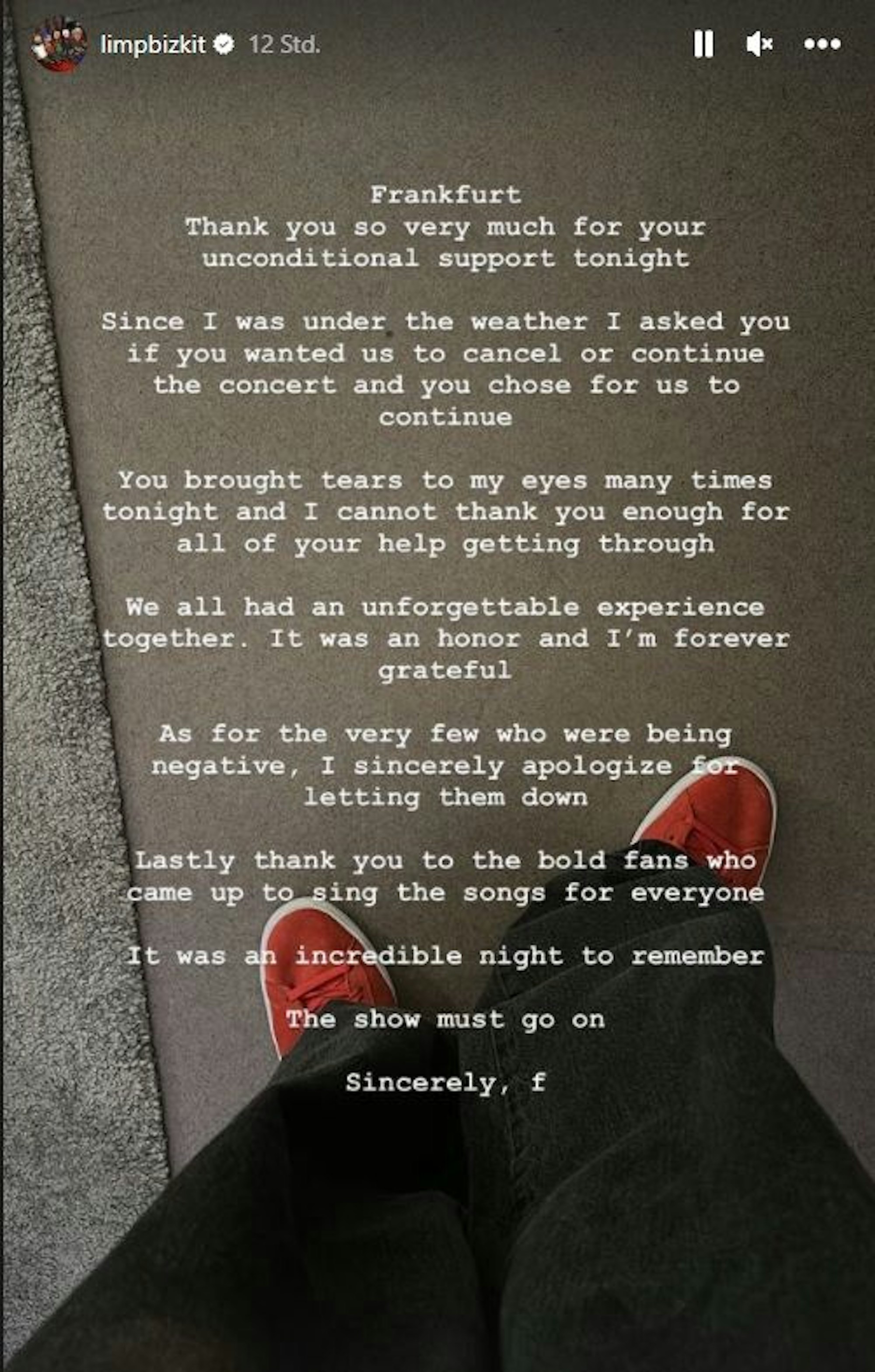 Instagram-Story auf dem offiziellen Kanal von Limp Bizkit, Fred Durst bedankt sich nach dem ungewöhnlichen Konzert.