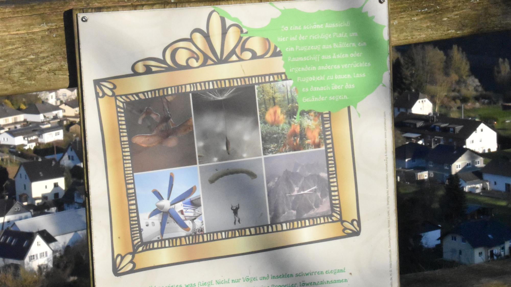 Blick auf eine Infotafel am Wanderweg.