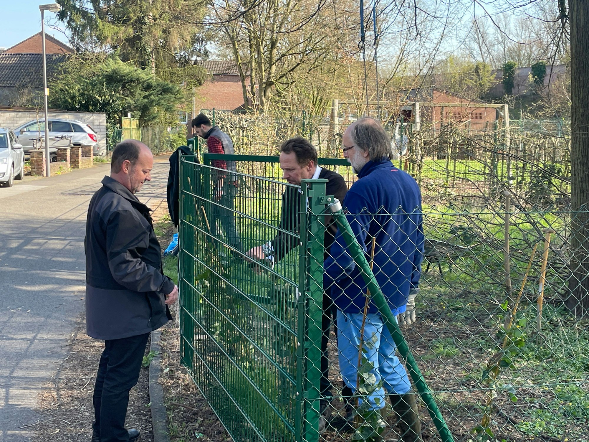 Pfarrer Peter Beyer (v.l.n.r), OB Uwe Richrath und Hans-Martin Kochanek bei der Zaun-Bepfanzung mit Efeu.