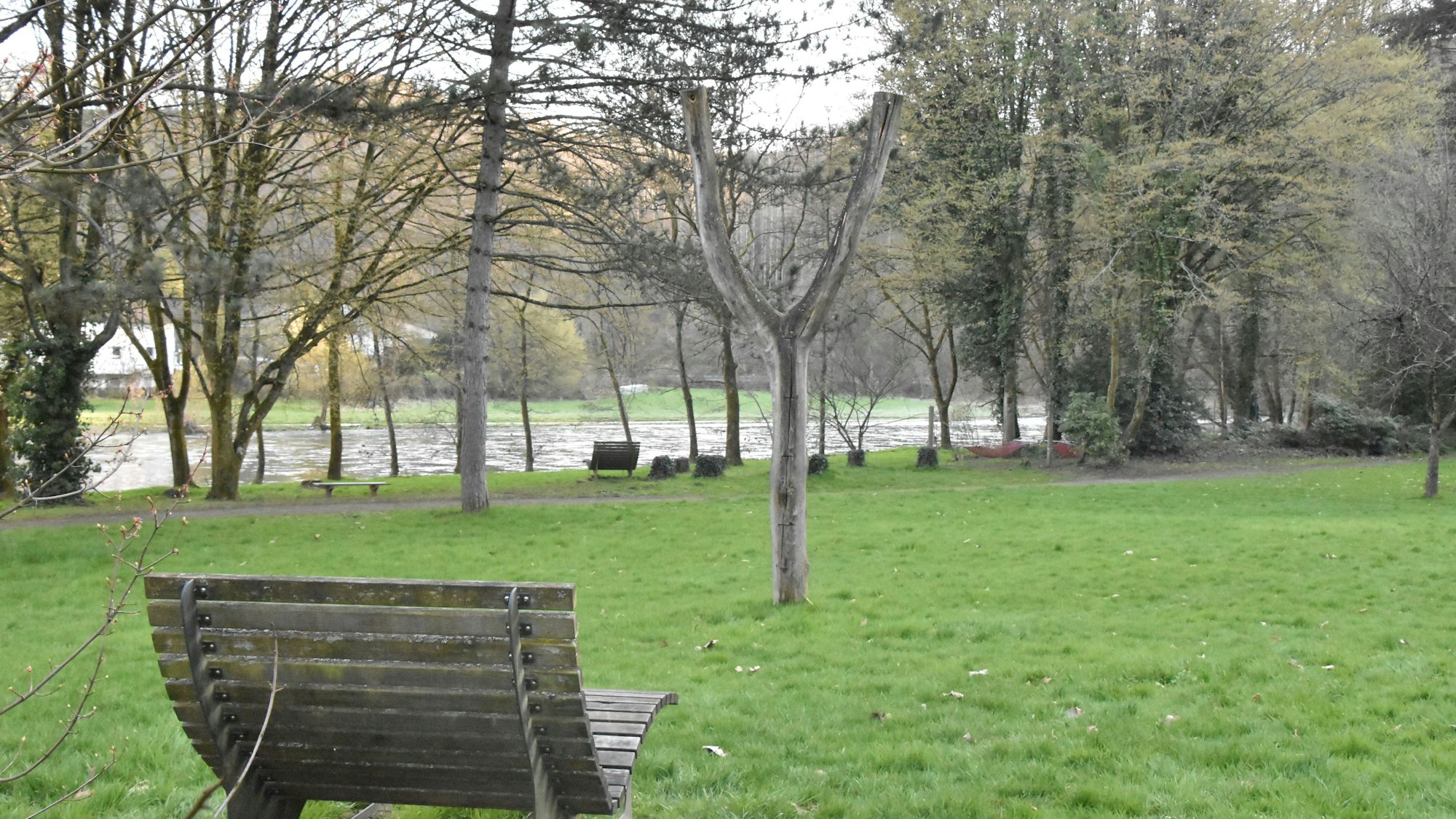 Blick auf die Baumschleuder und auf eine Bank aus Holz.