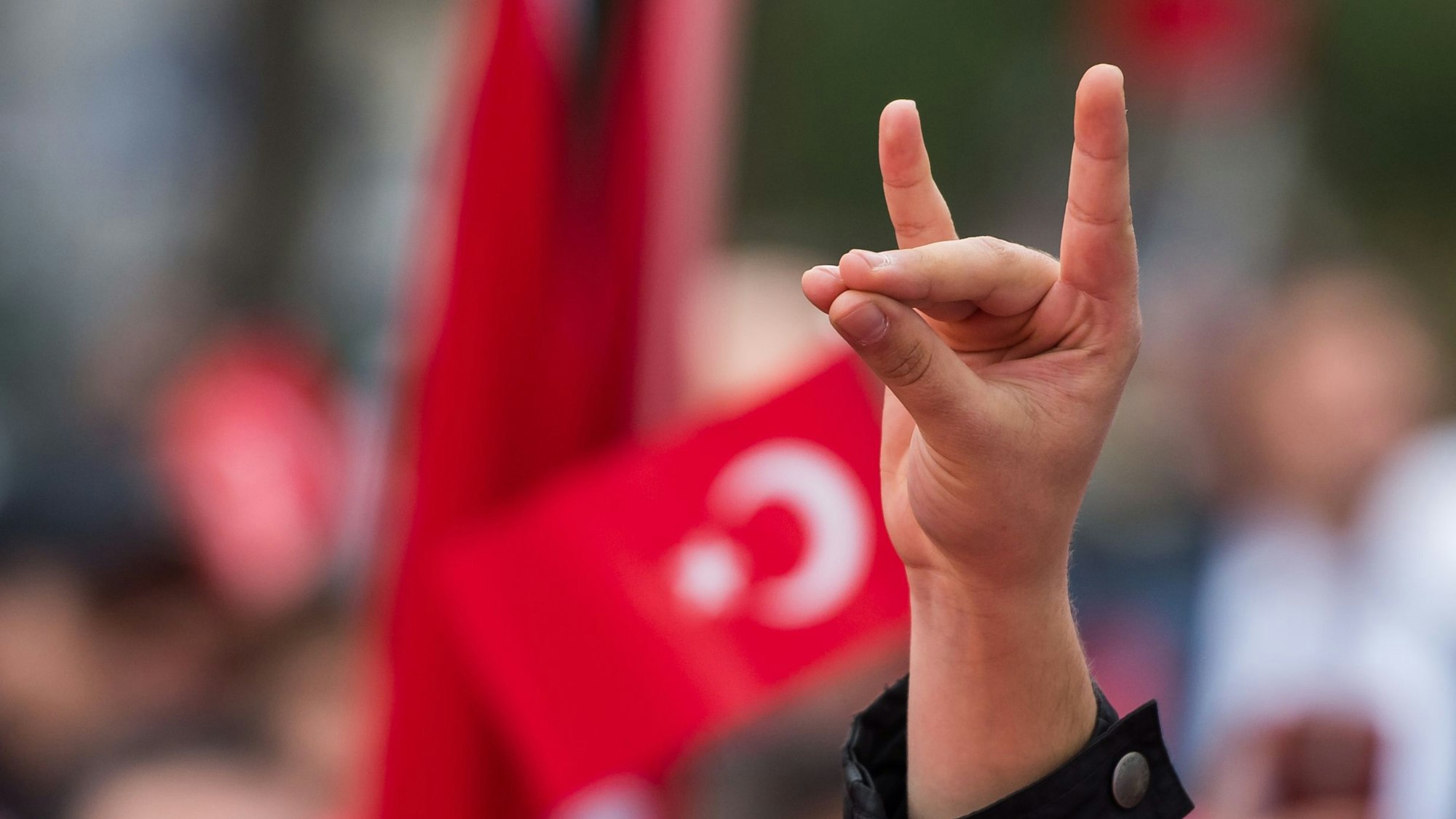 Eine Hand zeigt den "Wolfsgruß" der Grauen Wölfe während einer Pro-Türkischen Demonstration. Graue Wölfe ist die Bezeichnung für die ultranationalistische Bewegung aus der Türkei. (zu dpa "Türkische Rechtsextremisten geraten in Europa zunehmend unter Druck") +++ dpa-Bildfunk +++