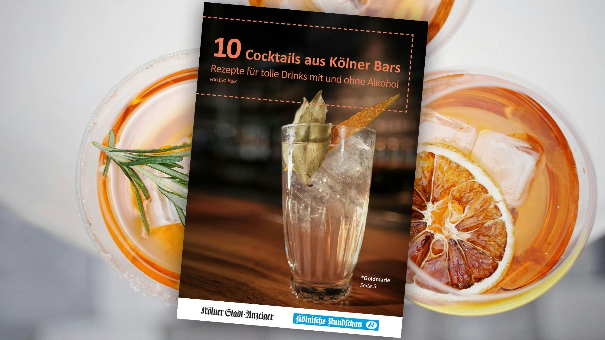 Im Hintergrund Cocktailgläser von oben, im Vordergrund das Rezeptheft im PDF-Format.
