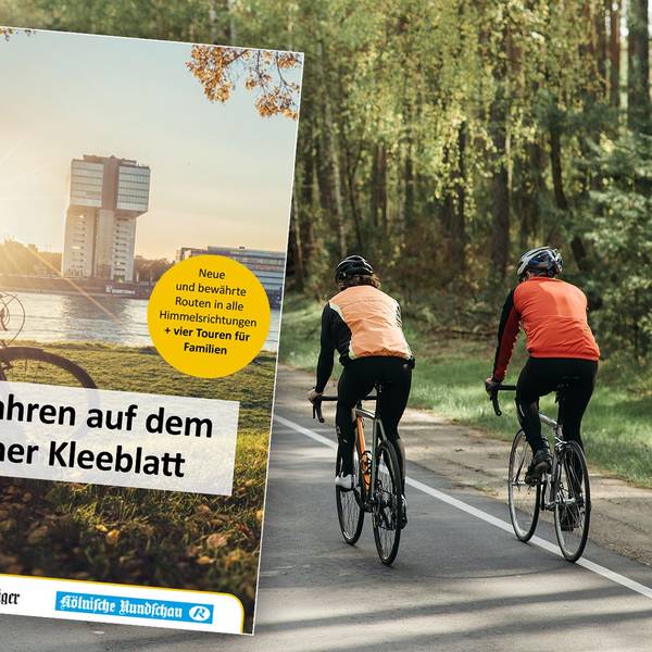 Zwei Fahrradfahrer auf dem Weg durch den Wald, im Vordergrund das Cover des Dossiers Radfahren auf dem Kölner Kleeblatt.