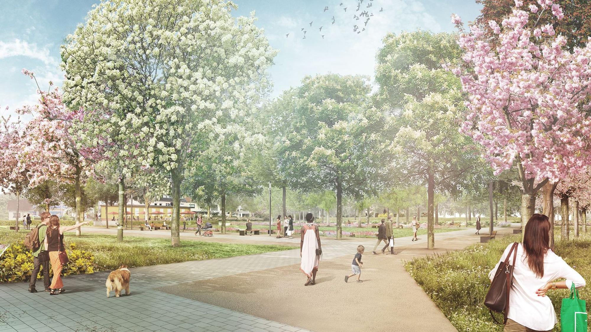 Visualisierung des Stadtparks mit Bäumen nach dem Umbau, Blick vom alten Rathaus Richtung Busbahnhof