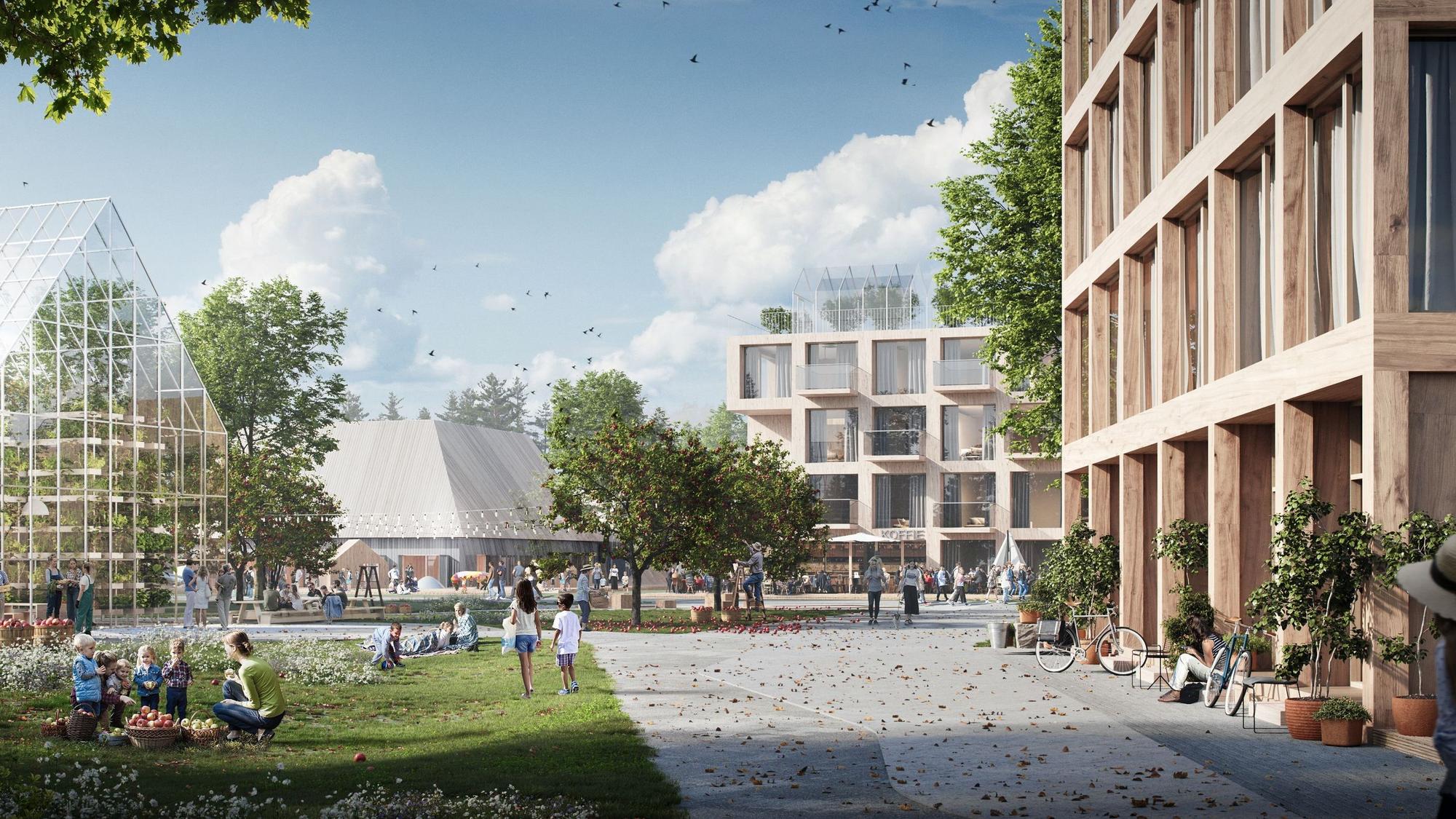 Auf der Visualisierung ist ein Markplatz im neuen Stadtteil zu sehen.