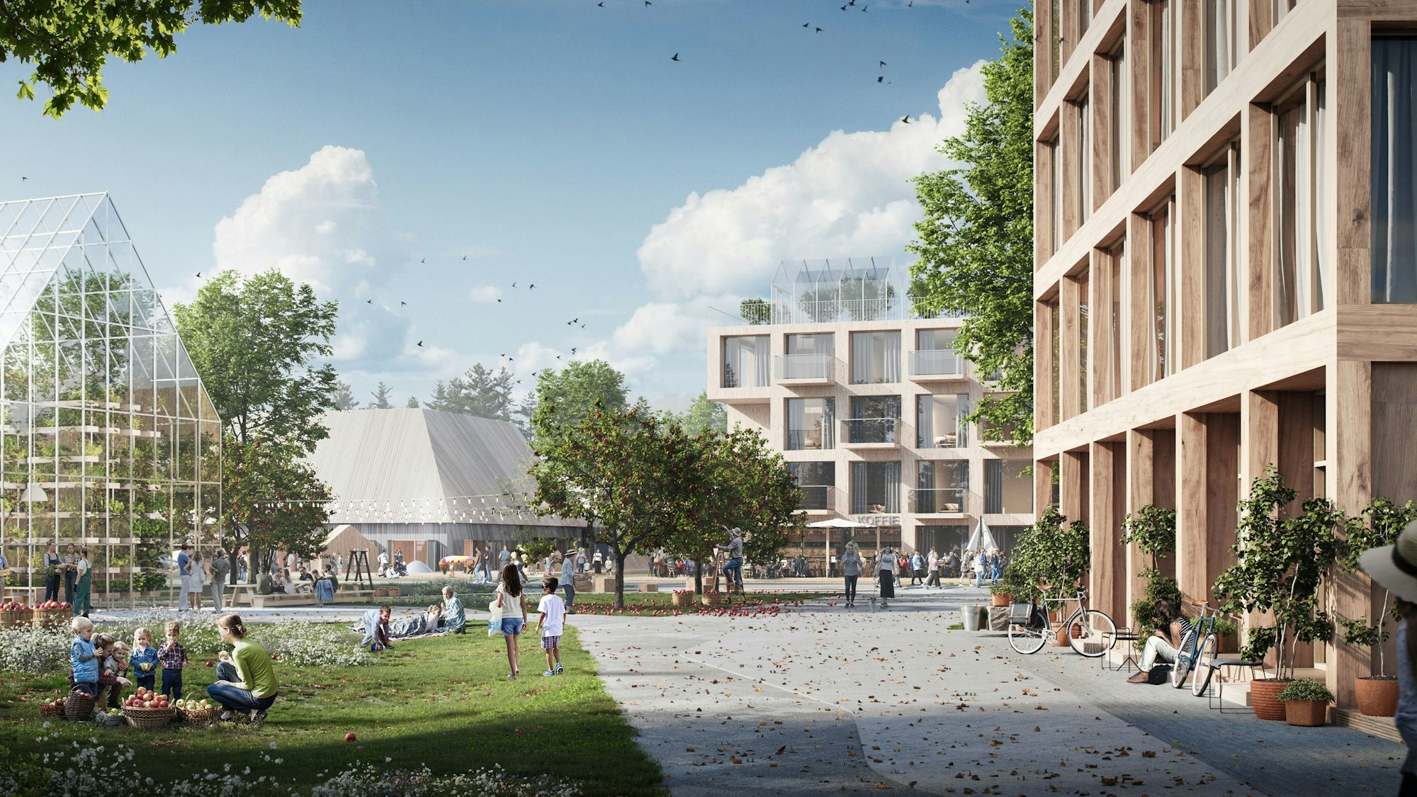 Auf der Visualisierung ist ein Markplatz im neuen Stadtteil zu sehen.