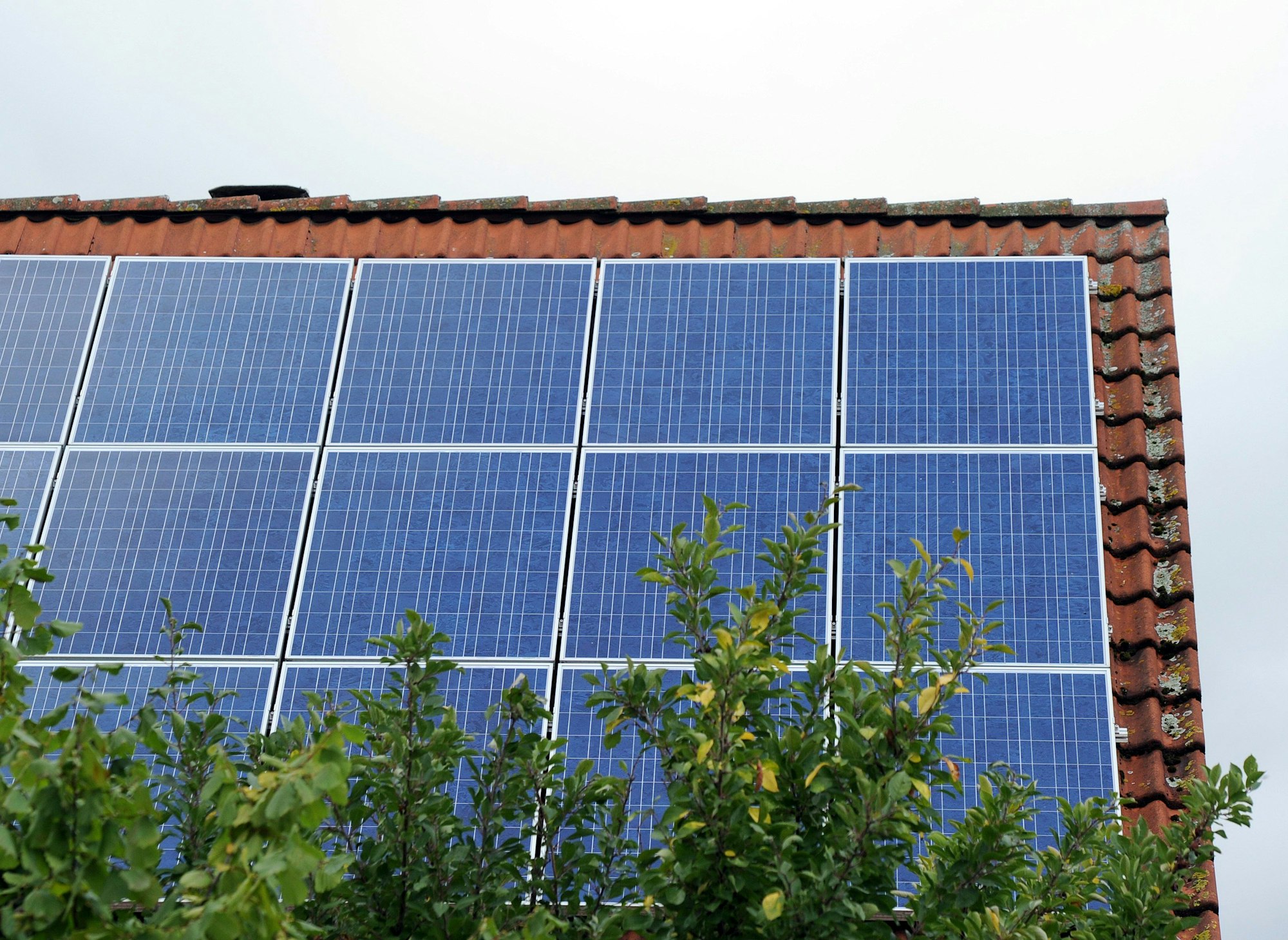 Ein Dach ist mit Photovoltaik-Modulen bestückt.