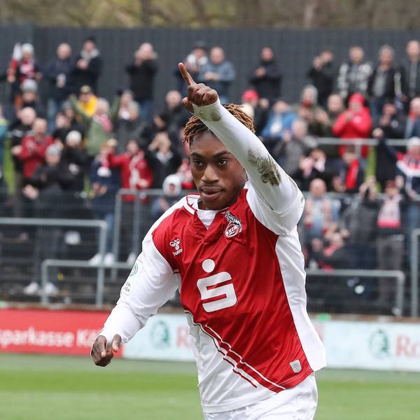 1.FC Köln U19 vs. Hertha BSC Berlin U19, DFB Pokal Halbfinale, Jubel nach dem Treffer zum 1:0 durch Justin Diehl (1. FC Köln), 03.04.2023, Bild: Herbert Bucco