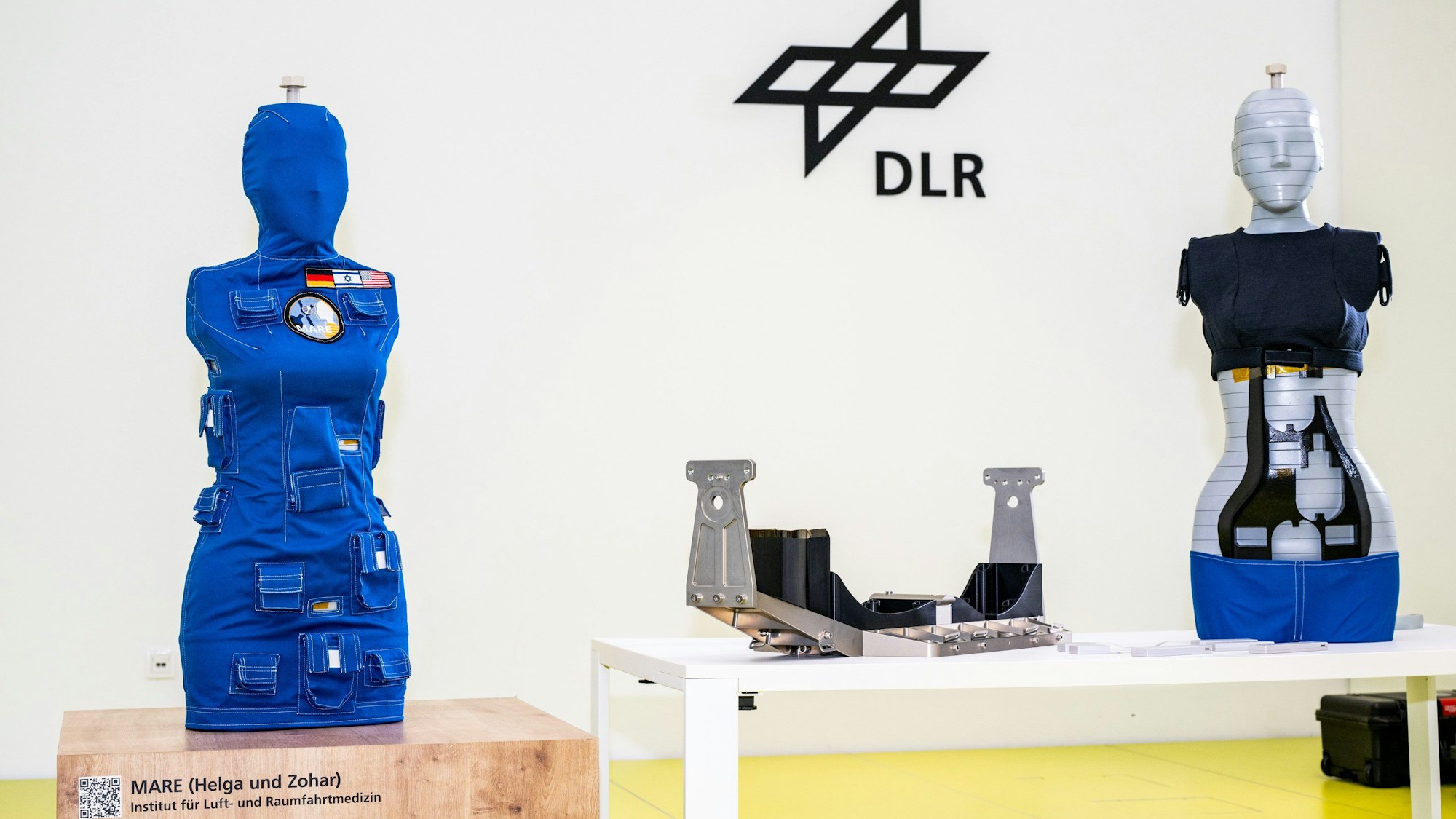 Die beiden Forschungspuppen Helga (l) und Zohar stehen während einer Präsentation in einem Raum.