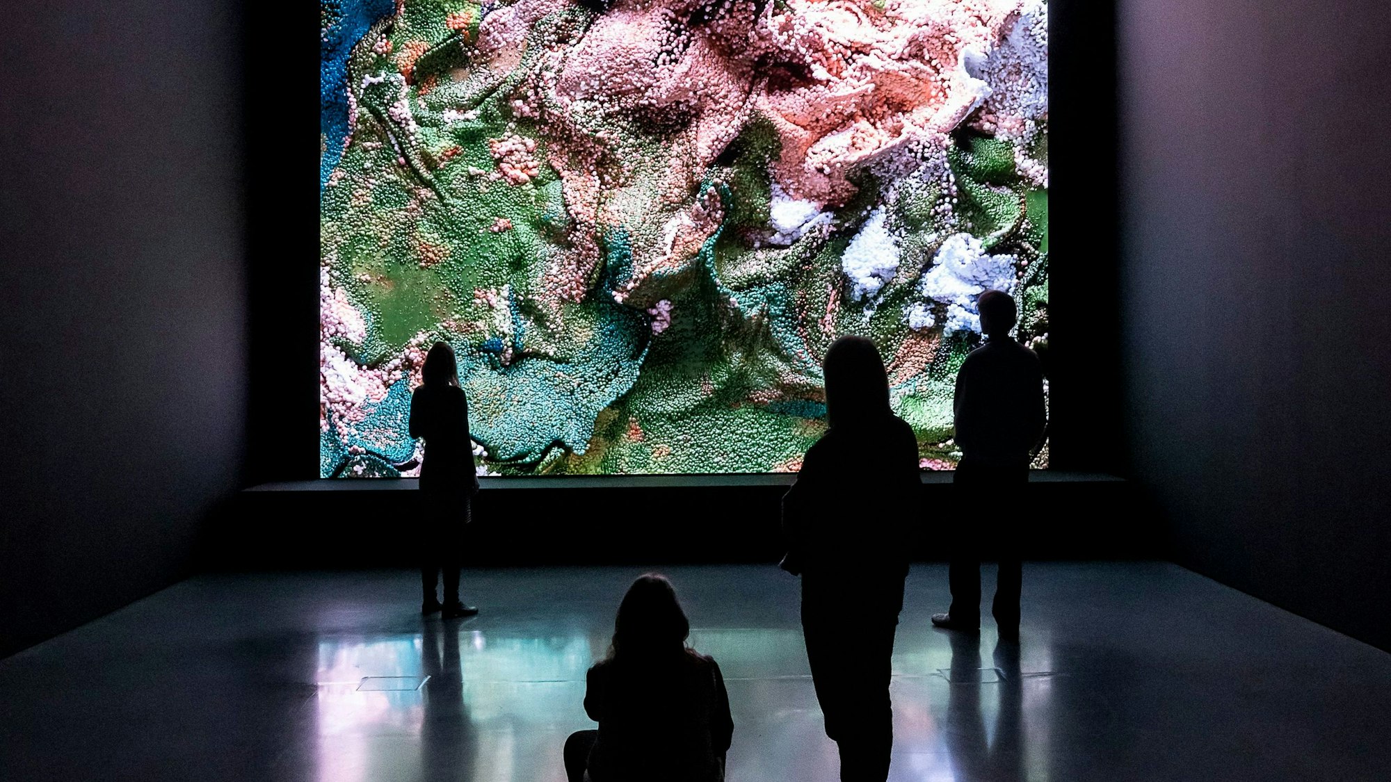 Mehrere Besucher betrachten Refik Anadols Installation Maschinen-Halluzinationen.