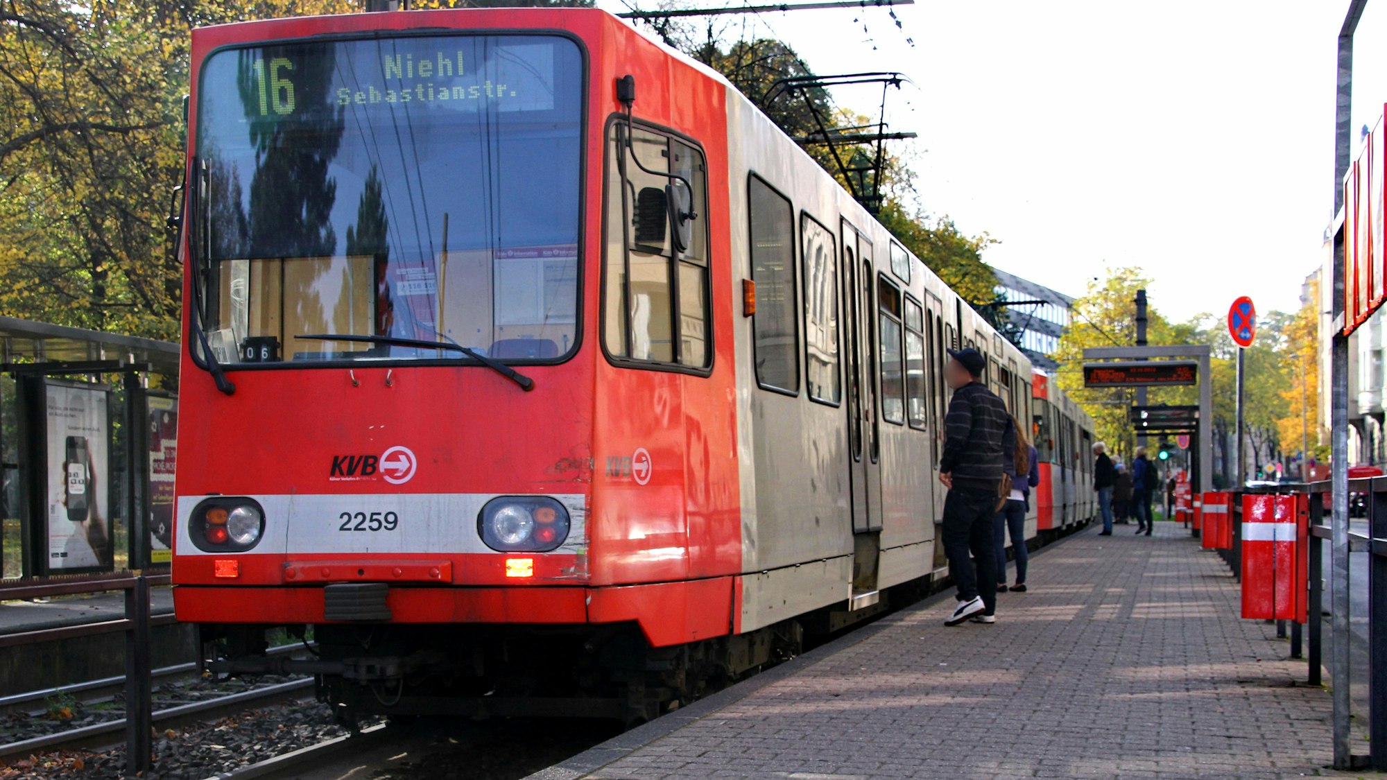 Die KVB-Bahn der Linie 16 steht an einer Haltestelle.