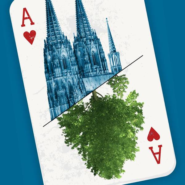 Auf einer Herz-Ass-Karte sind der Dom und ein Baum abgebildet.