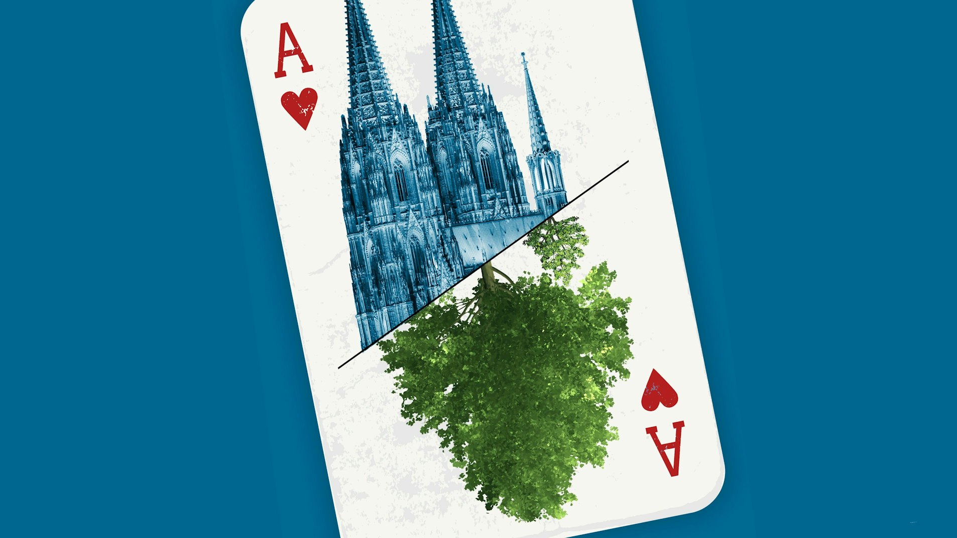 Auf einer Herz-Ass-Karte sind der Dom und ein Baum abgebildet.