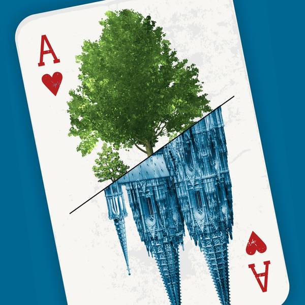 Auf einer Herz-Ass-Karte sind der Dom und ein Baum abgebildet.