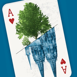 Auf einer Herz-Ass-Karte sind der Dom und ein Baum abgebildet.