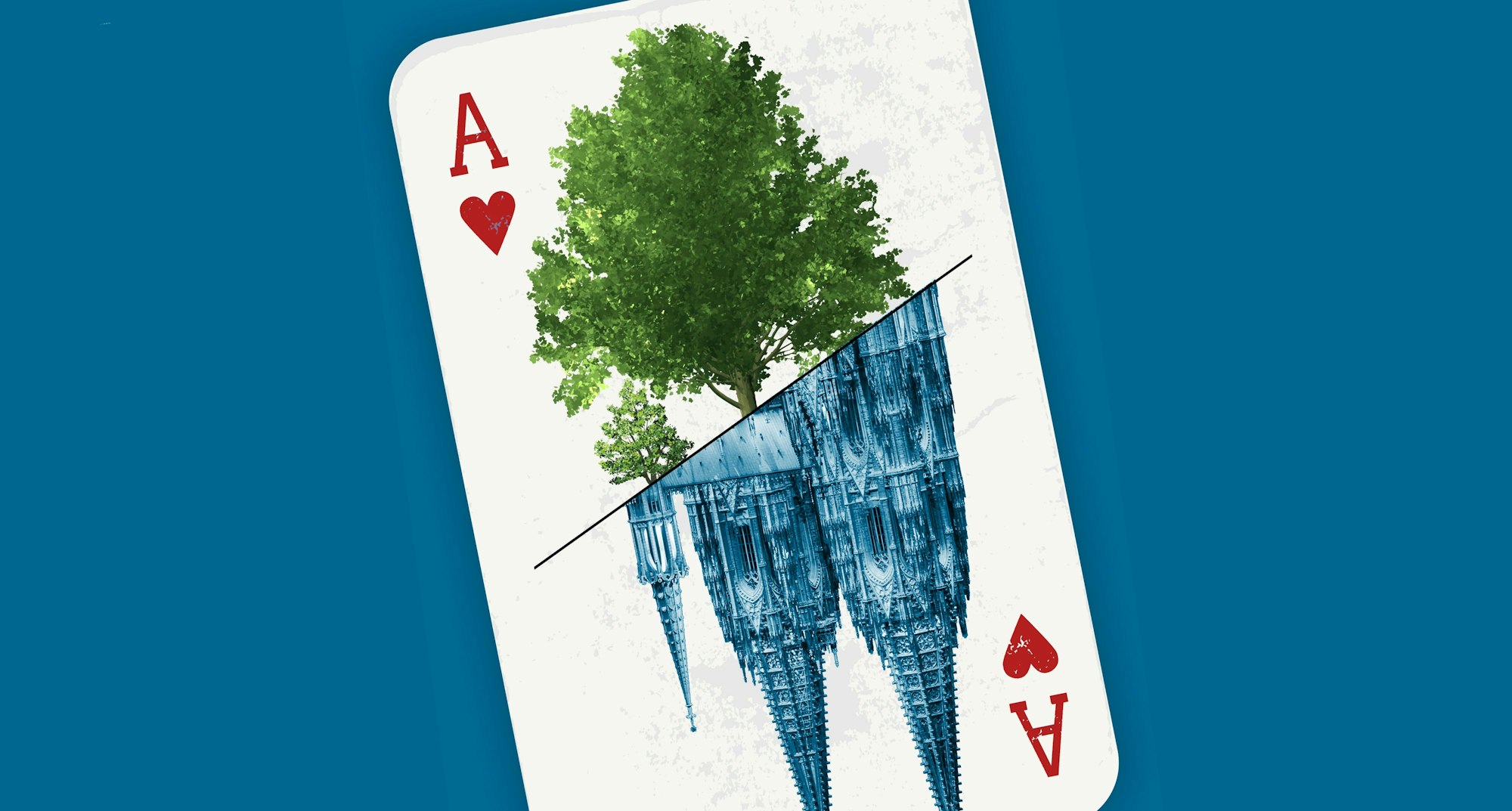 Auf einer Herz-Ass-Karte sind der Dom und ein Baum abgebildet.