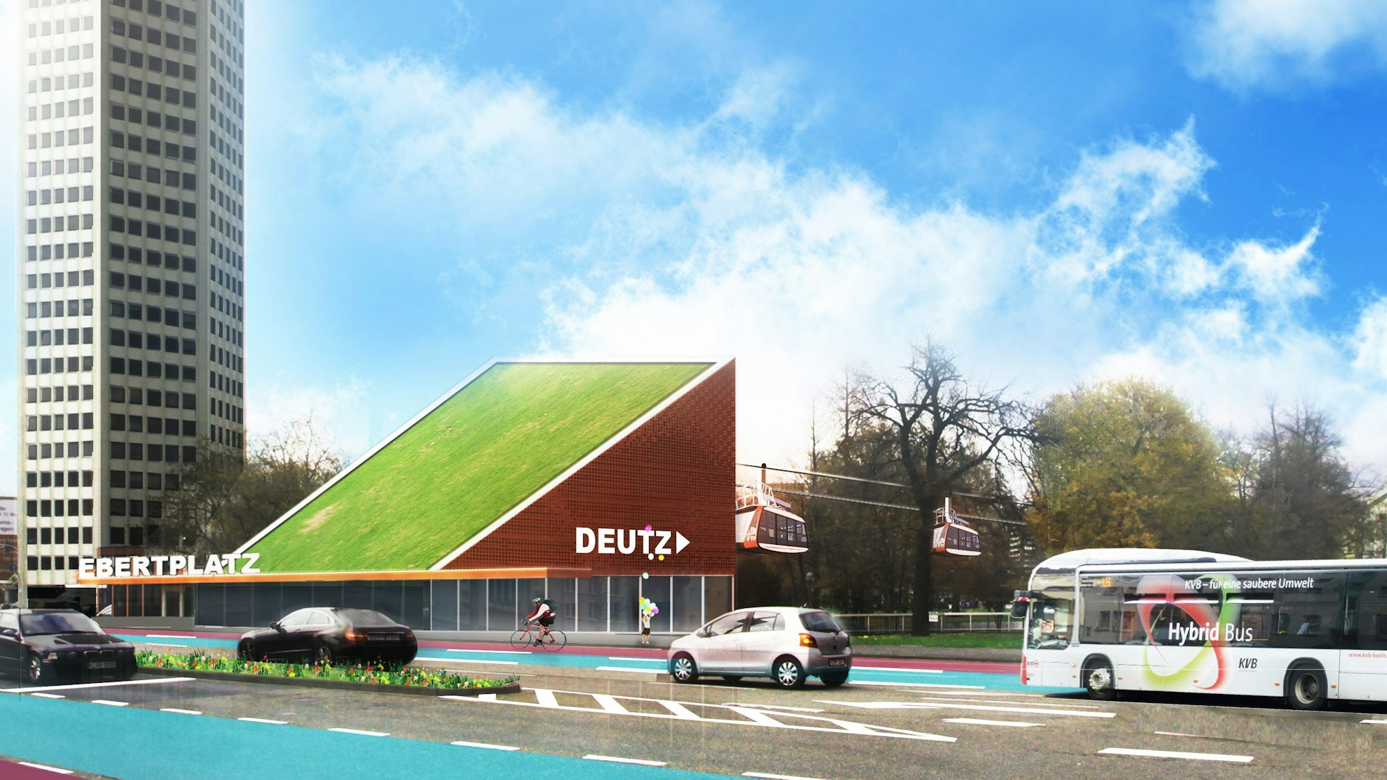 So könnte nach Vorstellung der Ratsgruppe „Gut“ eine Haltestelle für die Rheinpendel-Seilbahn am Ebertplatz aussehen.