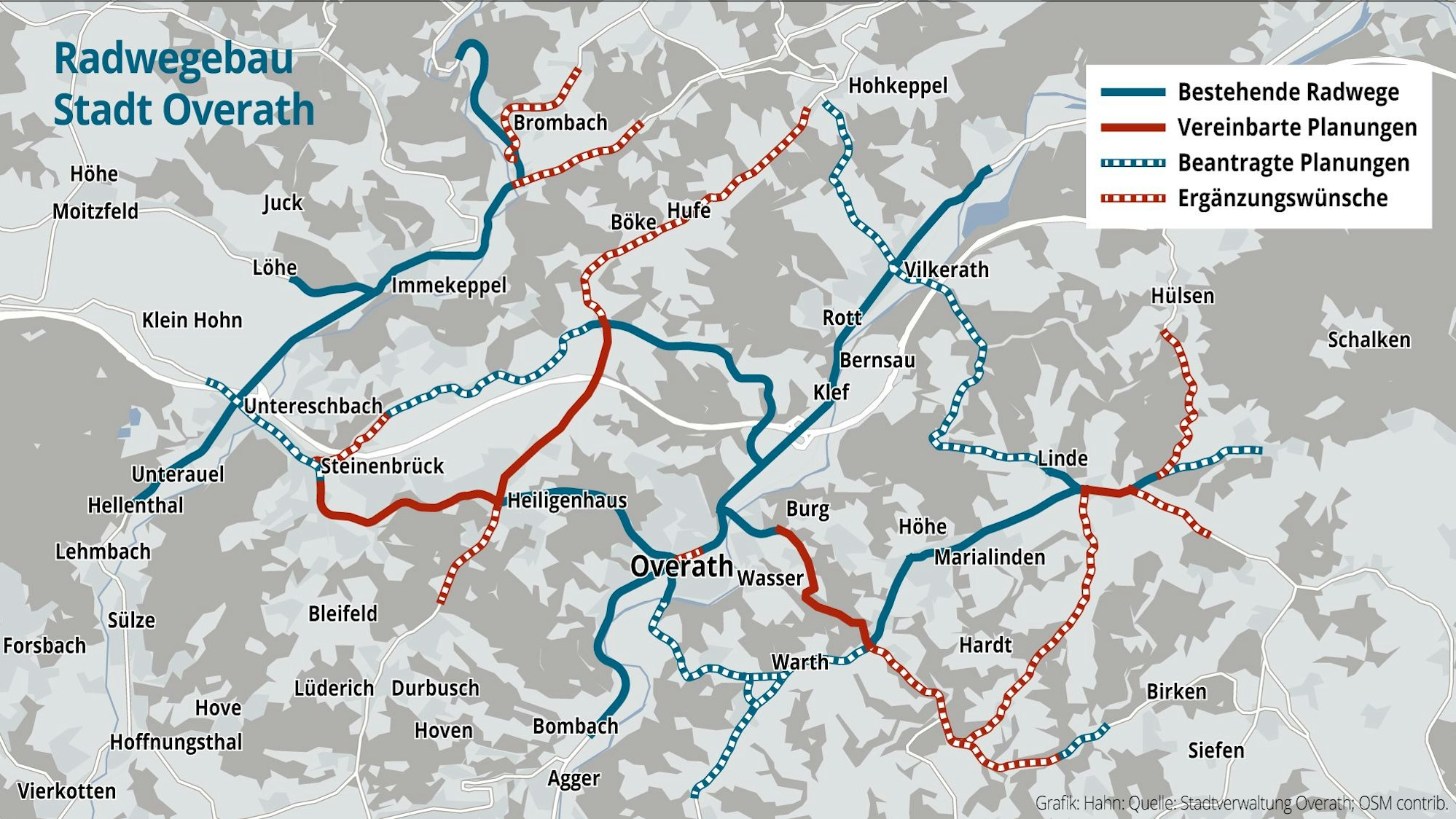 Verschiedene Linien zeigen die Planung der Radwege in Overath.