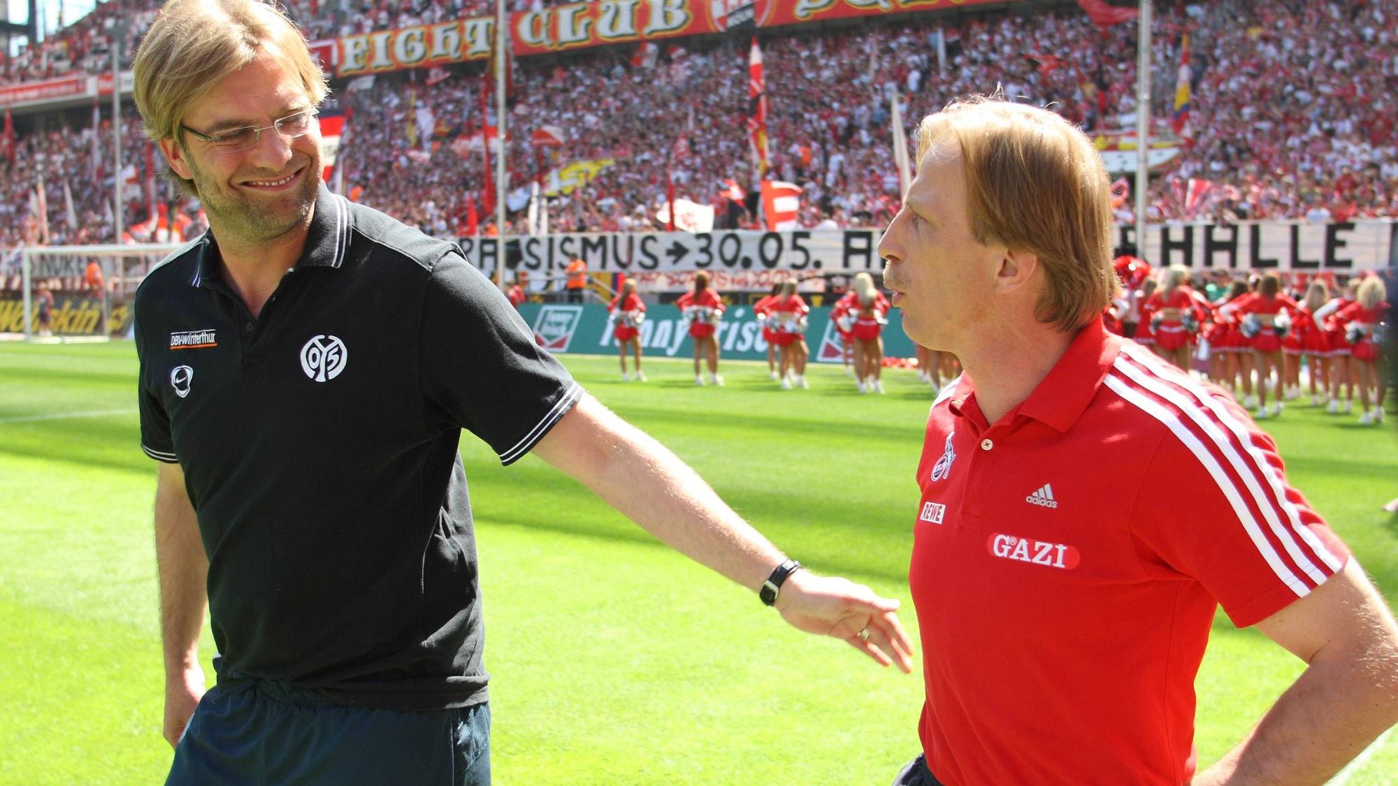 Trainerlegenden unter sich: Jürgen Klopp und Christoph Daum in Köln am 11. Mai 2008.