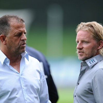 Fußball Testspiel: Viktoria Köln - Lechia Gdansk am 26.07.2014 im Sportpark Höhenberg in Köln Franz Wunderlich ( Vorstand Viktoria Köln ), links - Stephan Küsters ( Sportlicher Leiter Viktoria Köln ), rechts
Football try out Viktoria Cologne Lechia Gdansk at 26 07 2014 in Sports Park Mountain height in Cologne Franz Wunderlich Board of managers Viktoria Cologne left Stephan Küsters Sporty Leader Viktoria Cologne right