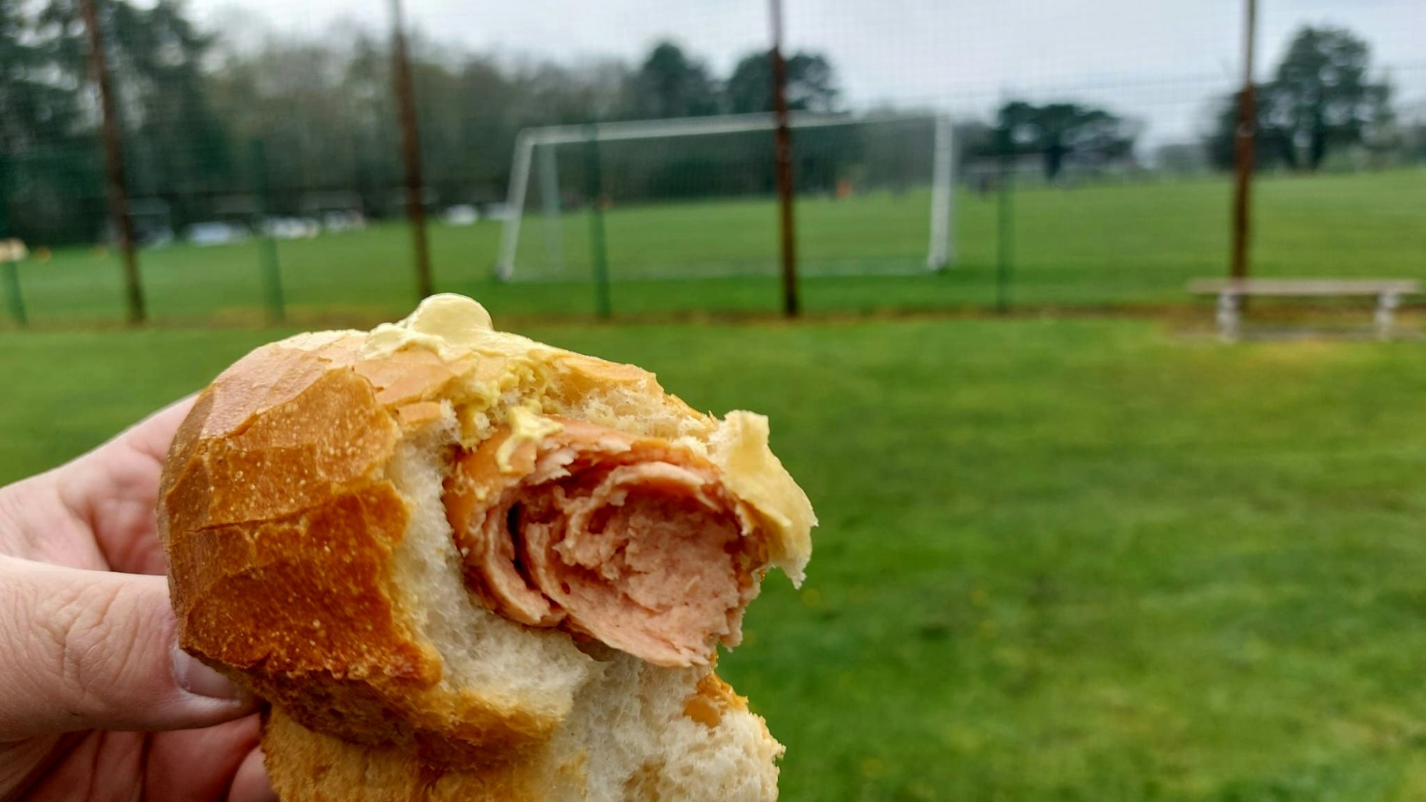 Eine angebissene Bratwurst im Brötchen.