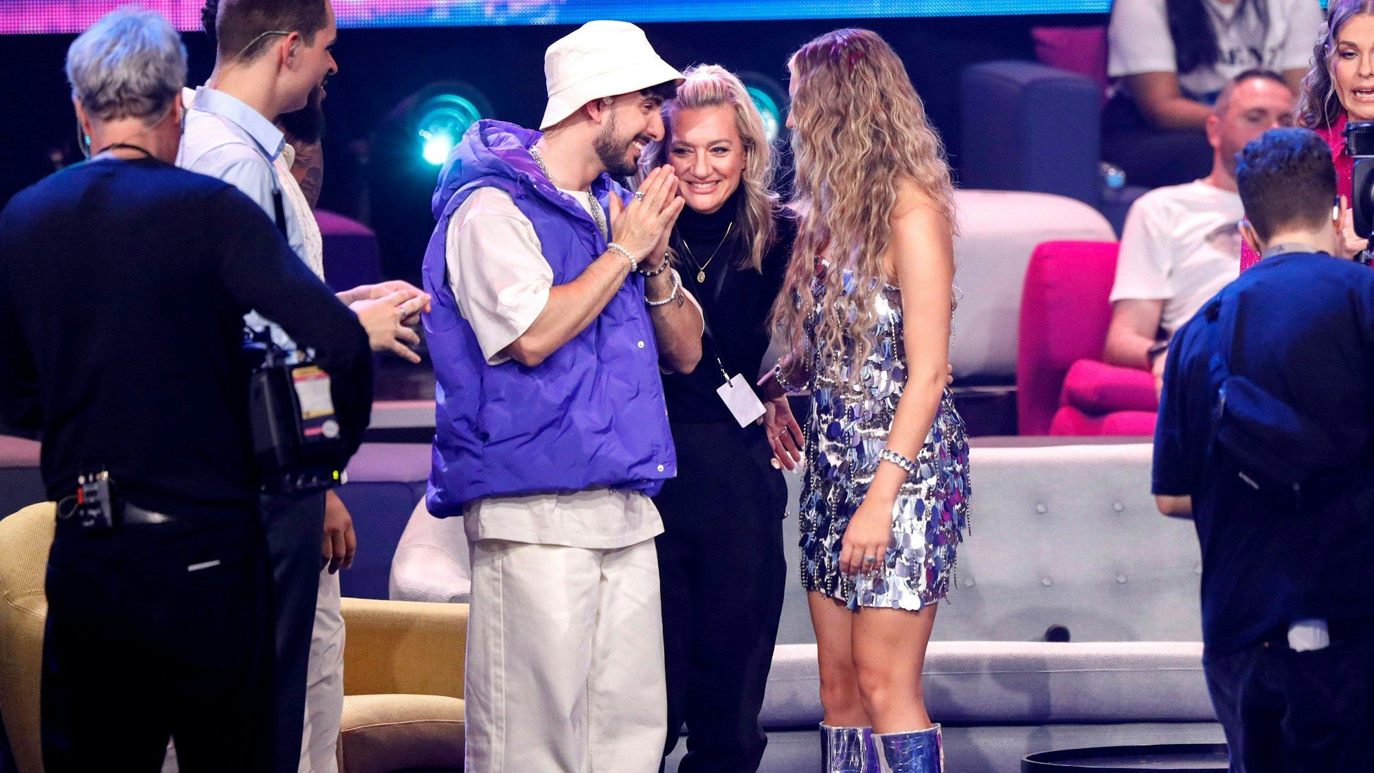 Kiyan Yousefbeik, Juliette Schoppmann und Leony beim Finale der 20. Staffel der RTL-Castingshow Deutschland sucht den Superstar / DSDS 2023 im MMC Coloneum.