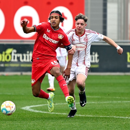 16.04.2023, Fussball-U17-Bayer 04-Düsseldorf
links: Francis Onyeka (Bayer)
Foto: Uli Herhaus