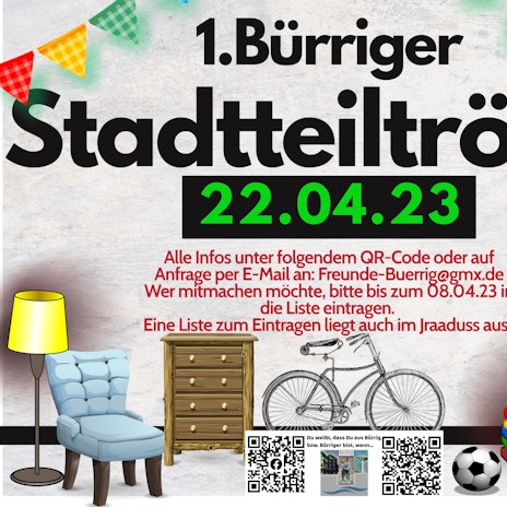 Das Plakat für den ersten Bürriger Stadtteil-Trödel am Samstag, 22. April 2023