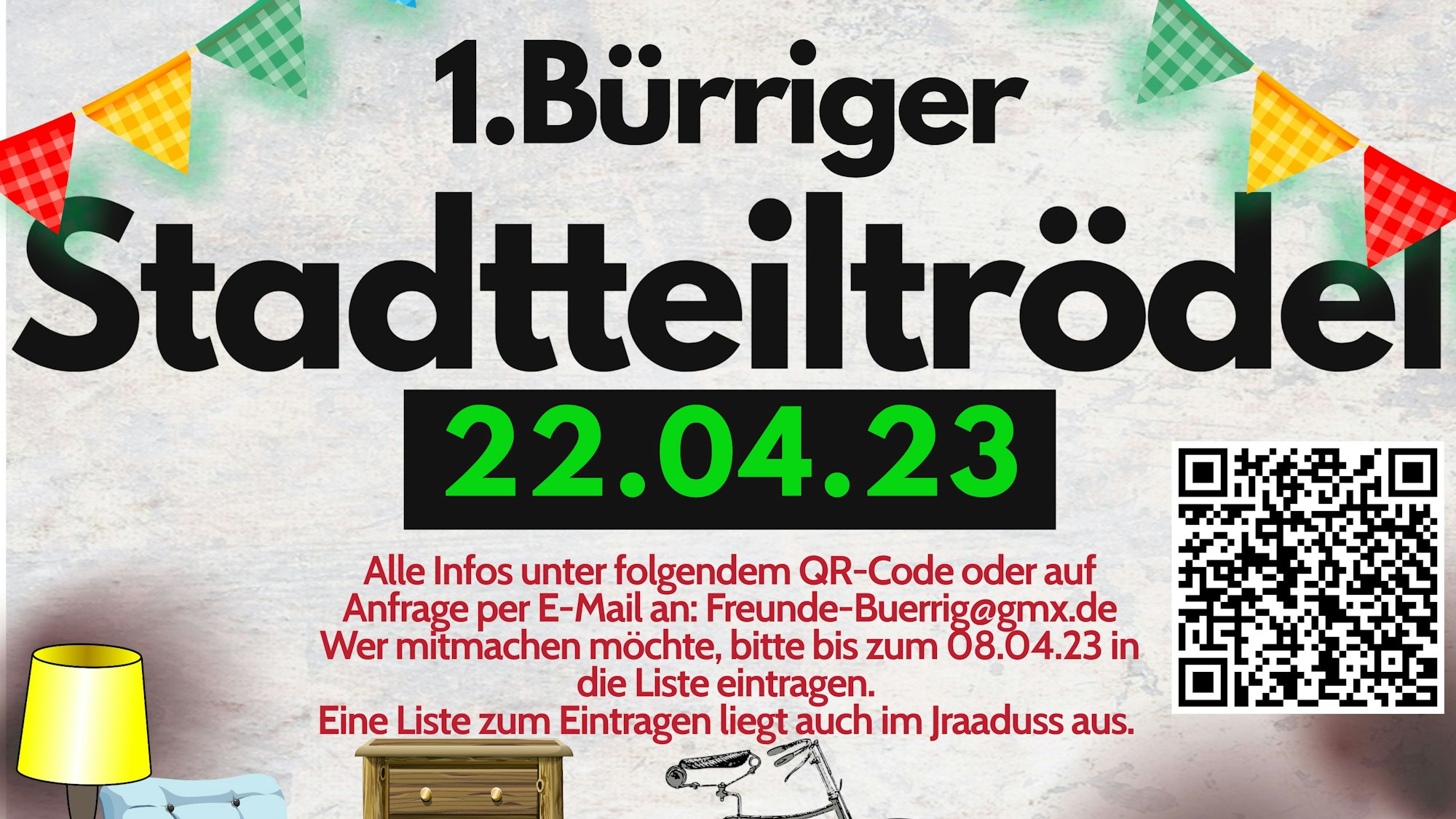Das Plakat für den ersten Bürriger Stadtteil-Trödel am Samstag, 22. April 2023