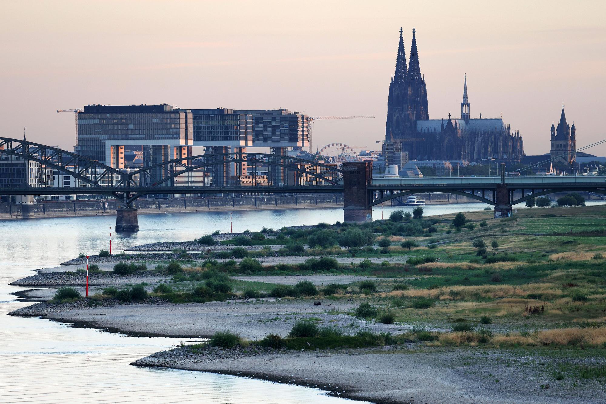 Das Rheinufer bei den Poller Wiesen vor dem Dom und den Kranhäusern.