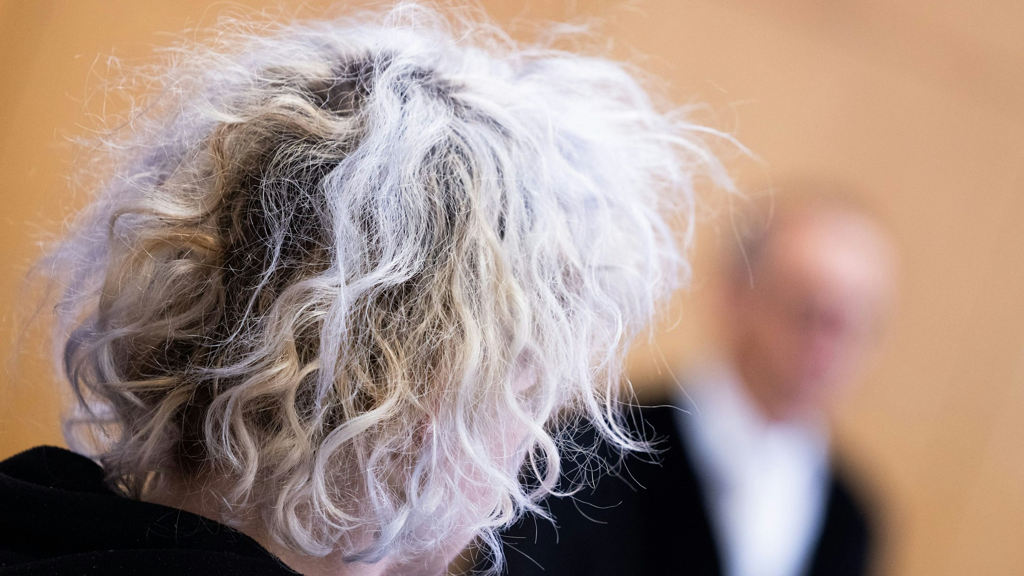 Eine Klimaaktivistin steht im Landgericht und ist nur von hinten zu sehen.