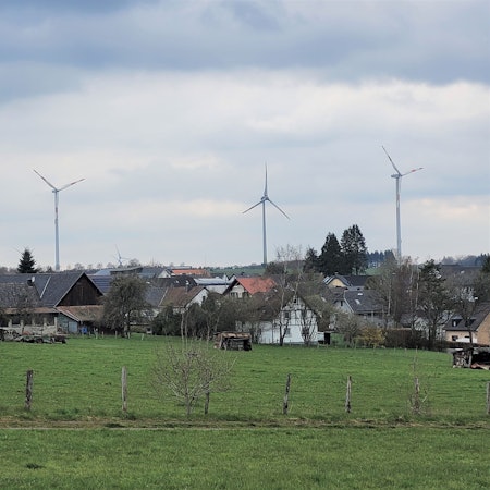 Blick auf Schöneseiffen mit mehreren Windrädern im Hintergrund.